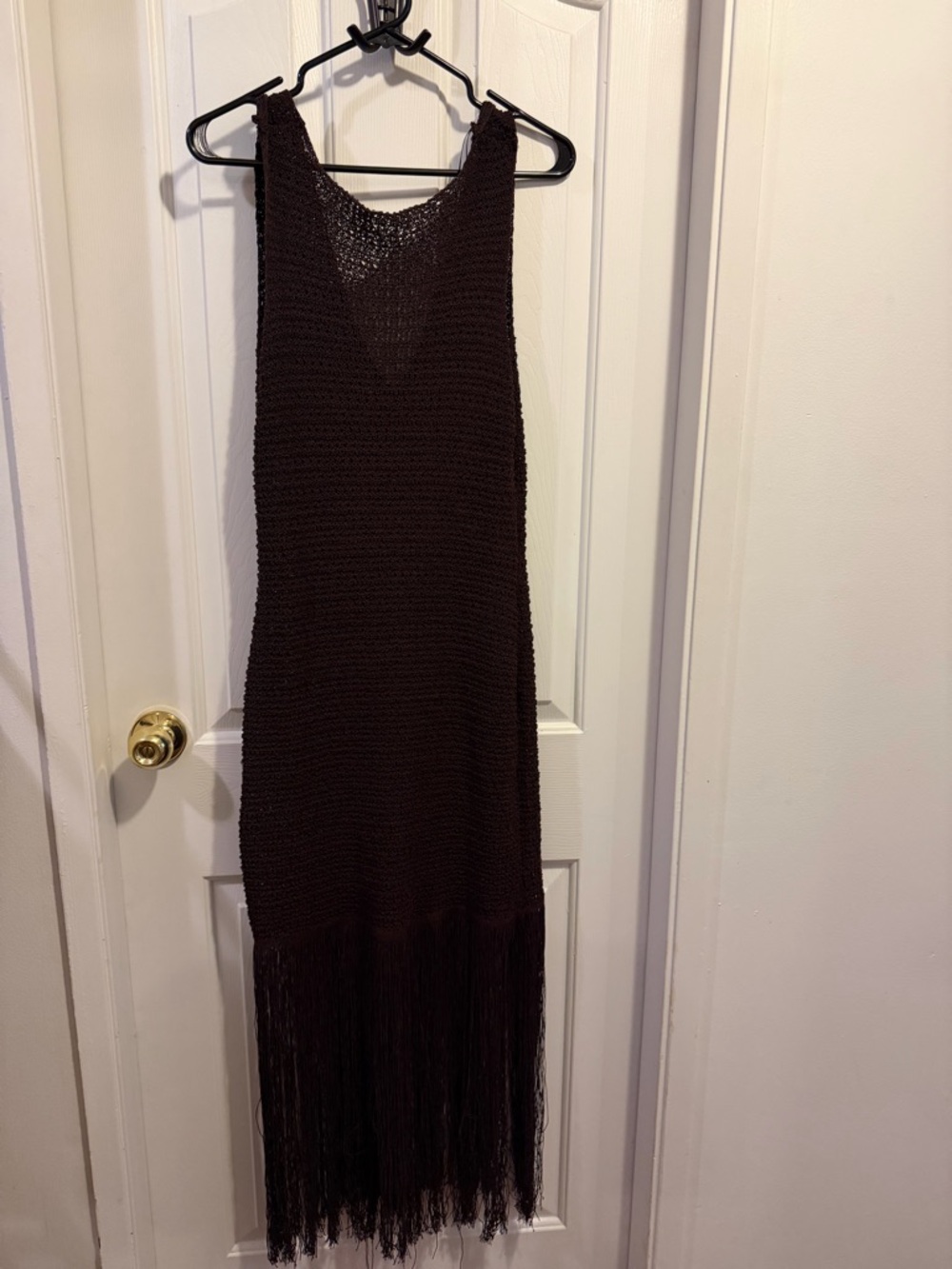 NWOT Sleeveless V-Neck Fringe Knit Maxi Dress - Dark Brown Cotton Blend - Picture 5 of 8